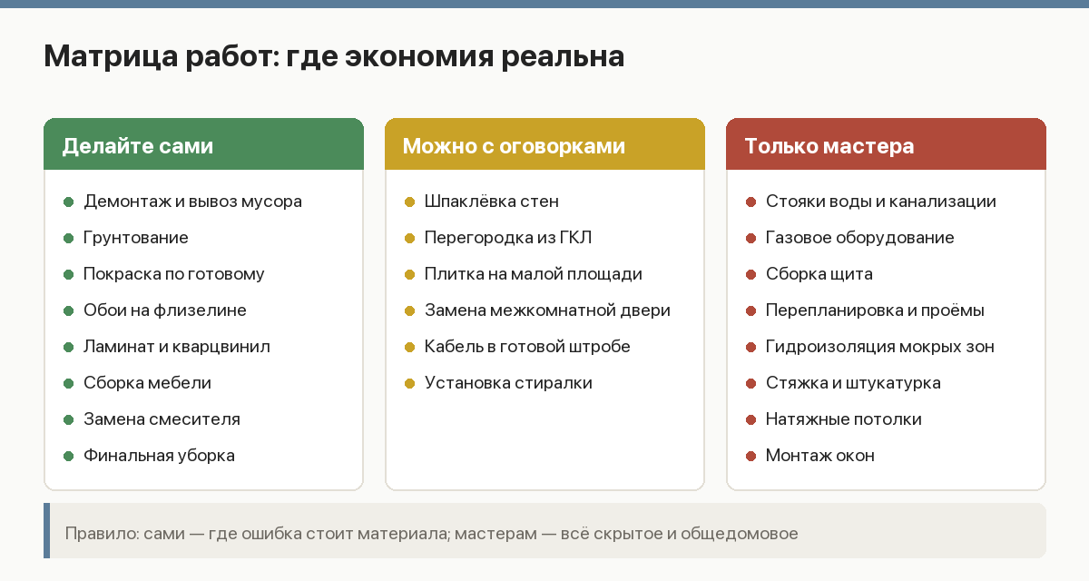 Матрица работ по ремонту: что можно сделать самому, что отдать мастерам, где риск ошибки высок