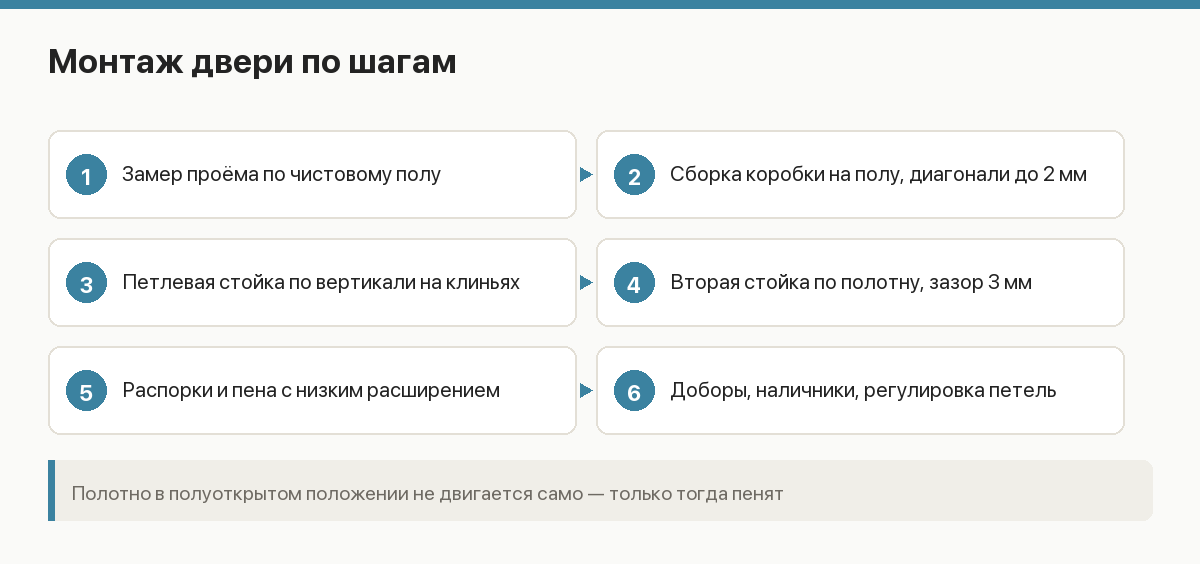 Схема монтажа межкомнатной двери по шагам: сборка коробки, установка по уровню, петли, пена, доборы