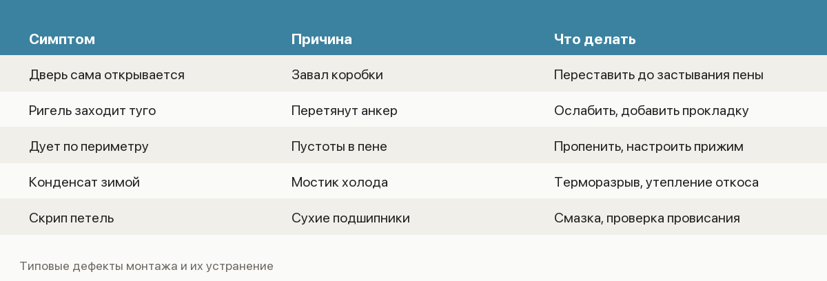 Таблица дефектов монтажа входной двери: симптом, причина и способ устранения