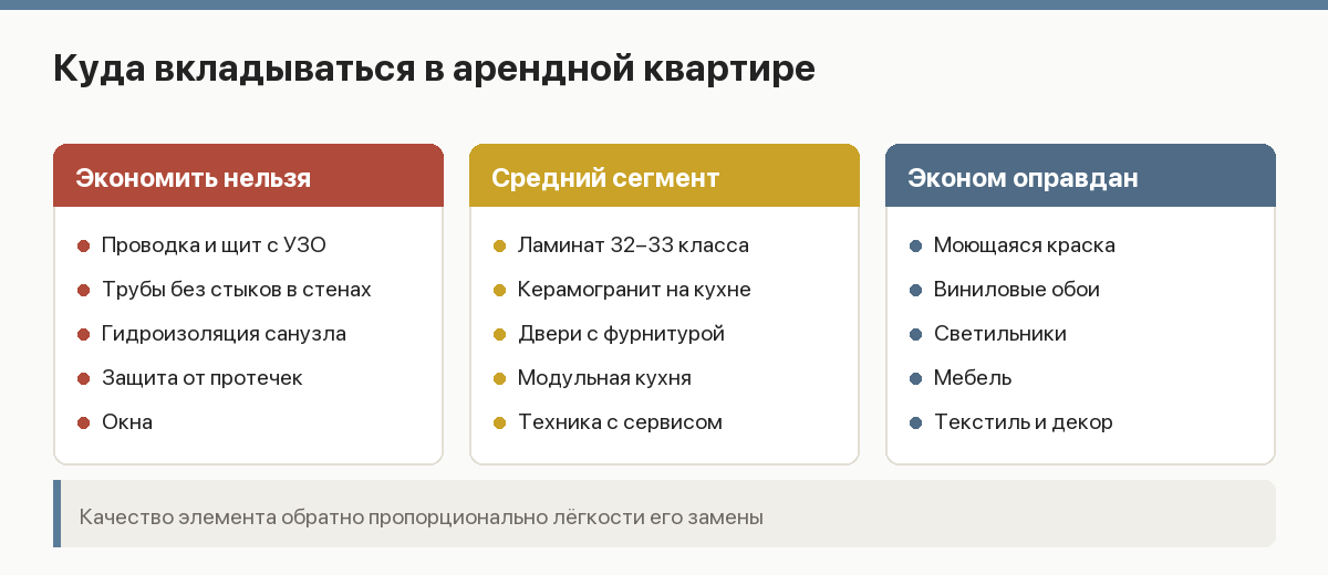 Схема приоритетов ремонта под сдачу: инженерия, износостойкая отделка, сменяемый декор